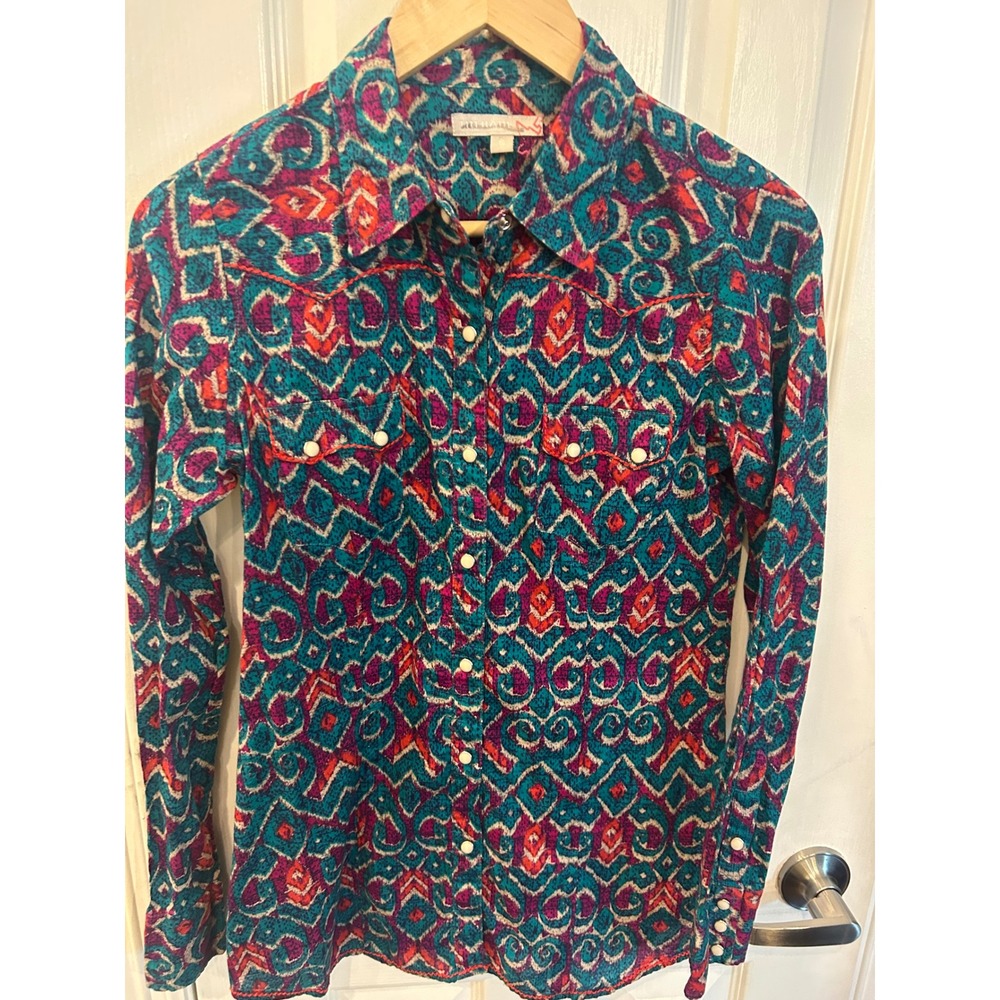Tin Haul Western Shirt Teal Magenta Geometric Ikat Pearl Snap Cowgirl Rodeo S